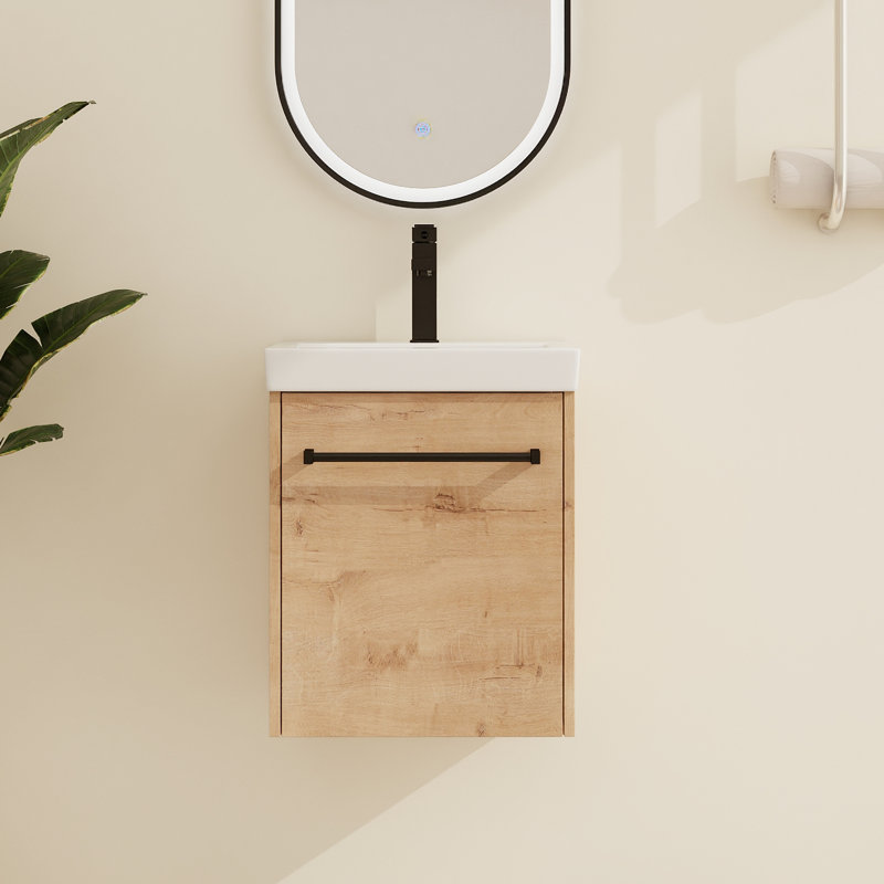  Ilkar 18'' Wall Mounted Single Bathroom Vanity With Ceramic Vanity Top, Beige