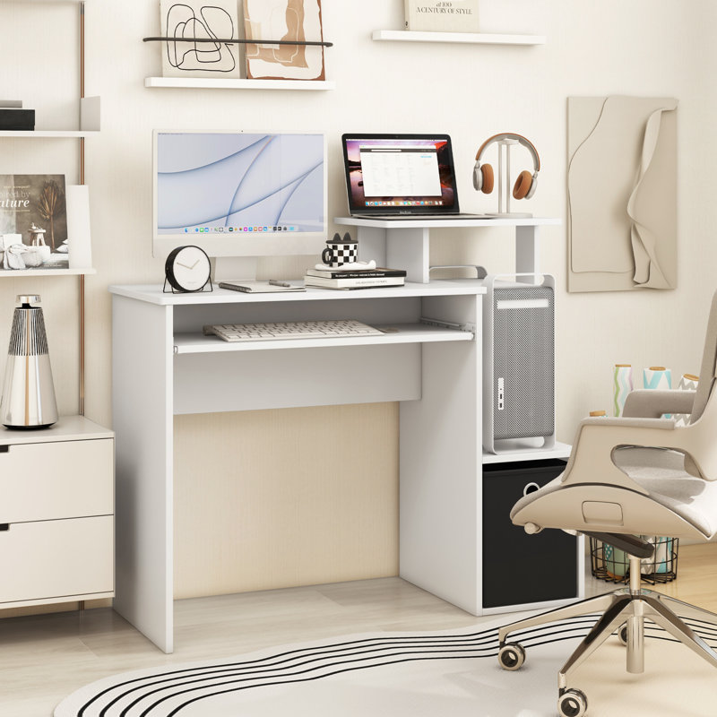 Space-Saving Computer Desk With Open Shelf And Fabric Storage Drawer, White