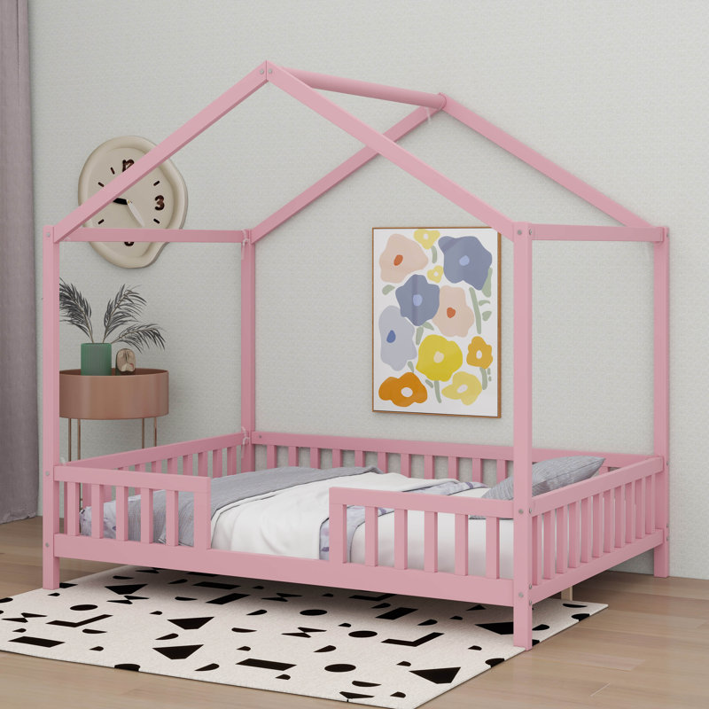 Lit double avec auvent, cadre de lit en forme de maison avec de hautes rampes, toit, Rose