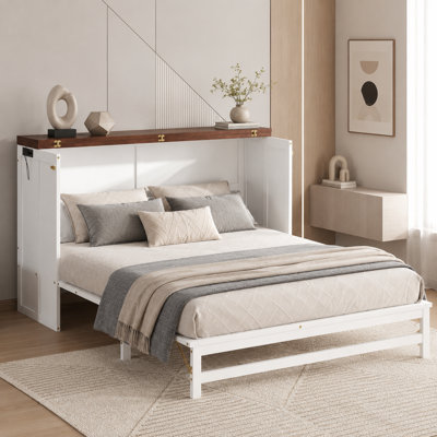 Queen Size Solid Wood Murphy Bed with Storage Drawer and Charging Station, USB Port