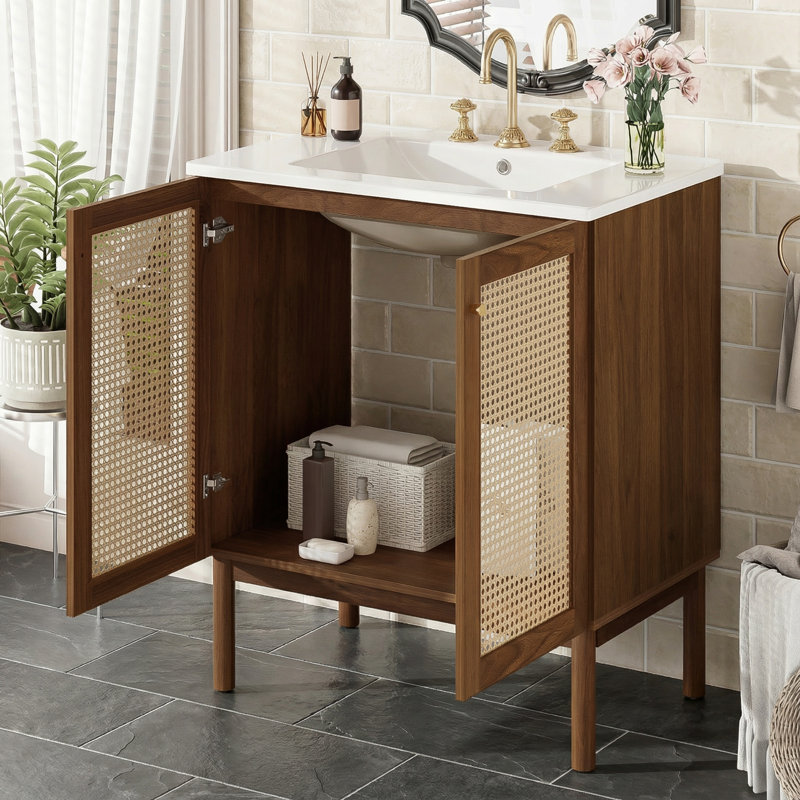 Meuble-lavabo de 30 pouces avec lavabo et portes en bambou tissées à la main, armoire en MDF et conception à fermeture en douceur