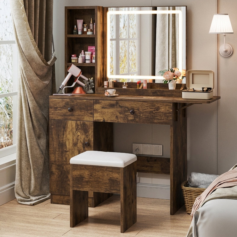 Makeup Vanity Desk With LED Mirror, Power Outlet, Drawers Cabinet and Chair, Rustic Brown