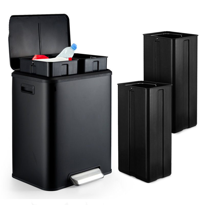 Stainless Steel Step On Multi-Compartment Trash/Recycling Bins - 8 Gallons, Black