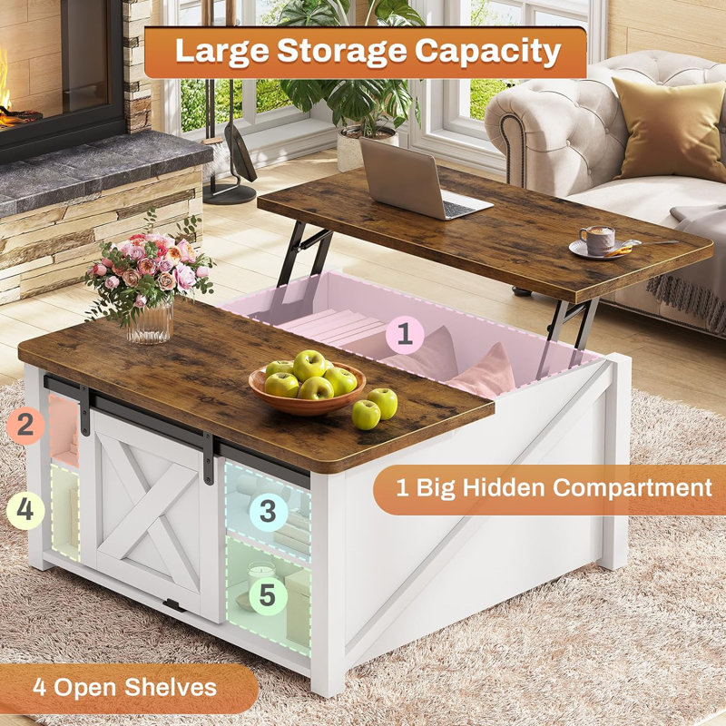 Veronike Coffee Table Lift Top Coffee Table, White/Rustic Brown, 19.7" H x 33.5" L x 33.5" W