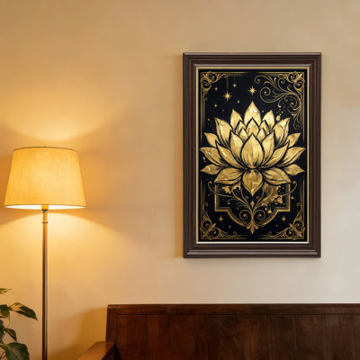 Art mural antique sur toile encadré doré pour le salon, la chambre à coucher, le bureau ou le vestibule - décoration murale décorative avec lotus doré