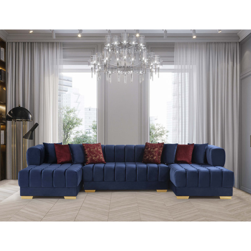 Canapé modulaire en velours de 140 po David-Lee, Bleu