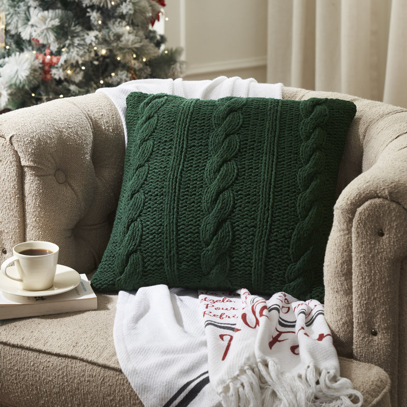 Coussin en tricot torsadé vert 18 x 18