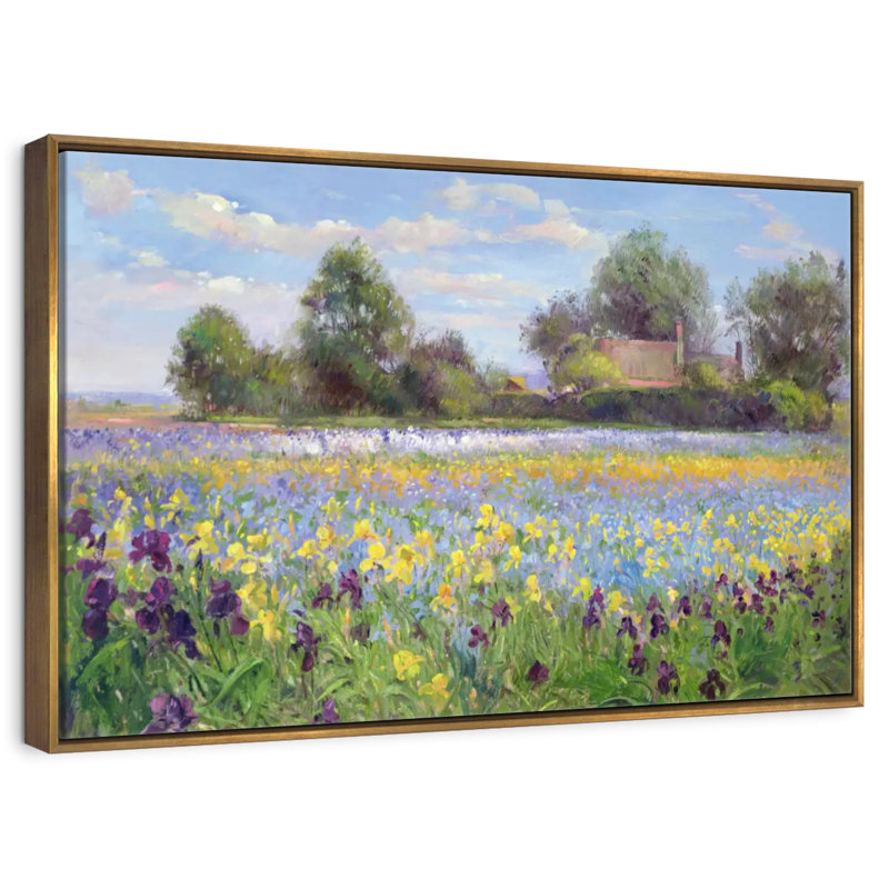 Ferme et champ d'iris, 25 po x 17 po, Cadre flottant doré
