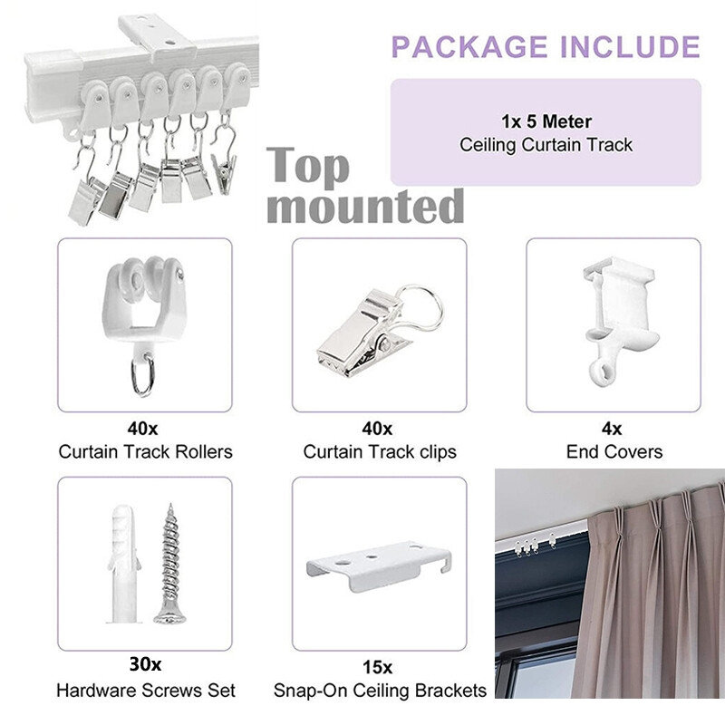 5M Ceiling Top Mount Curtain Track Window Rod Rail System Flexible Accessory Set