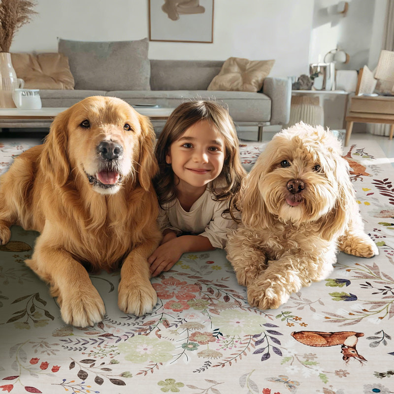 Washable Area Rug, Non-Slip Low Pile Stain Resistance Rug with Peacock and Deer, Animal Carpet for Living Room, Bedroom, Dining Room
