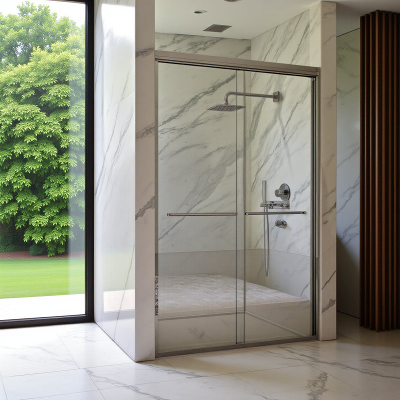 Porte de douche coulissante double semi-sans cadre H 44 po à l 72 po x H 72 po, porte de douche à dérivation, porte en verre trempé Sgcc de 1/4 po (6 mm) d'épaisseur, chrome