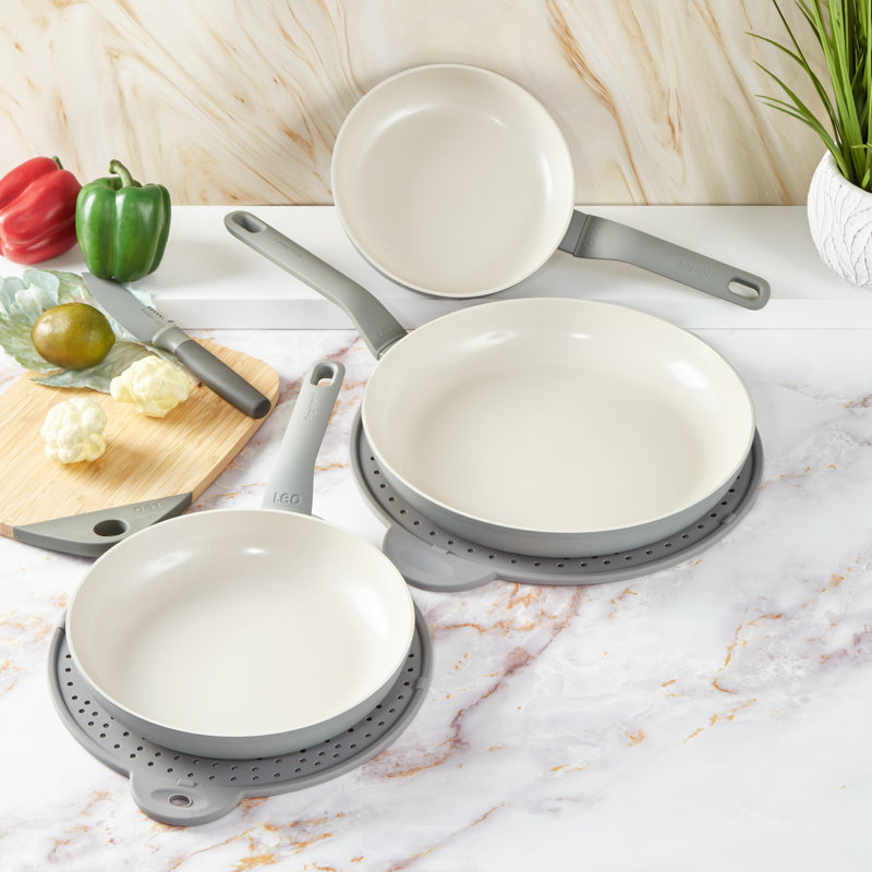 BergHOFF Balance 3Pc Nonstick Ceramic Frying Pan Set, Recycled Aluminum, Moonmist, Grey