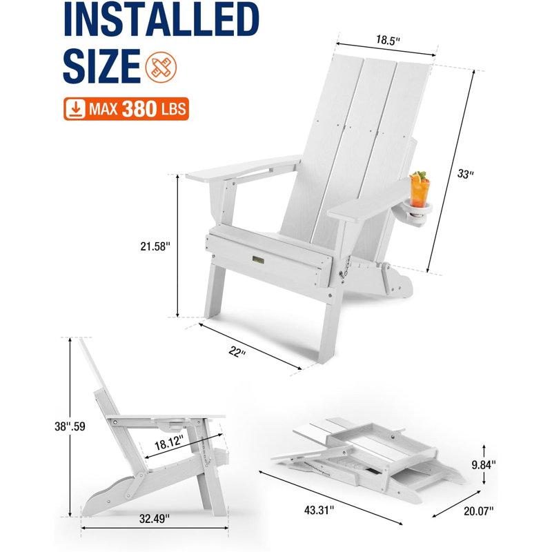 Adirondack Chair, Oversized HDPE Folding Adirondack Chair With Cup Holder, White