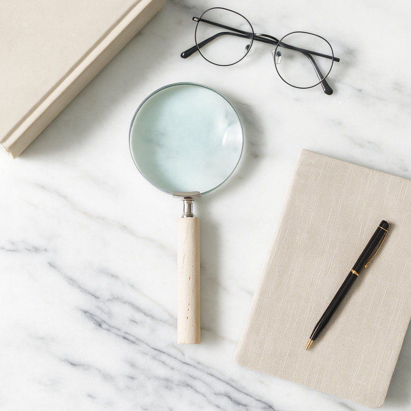 Decorative Round Glass Magnifying Glass Object with Travertine Handle for Home Decor - Sculptural Figurine Accent for Decorations for Living Room - Tan