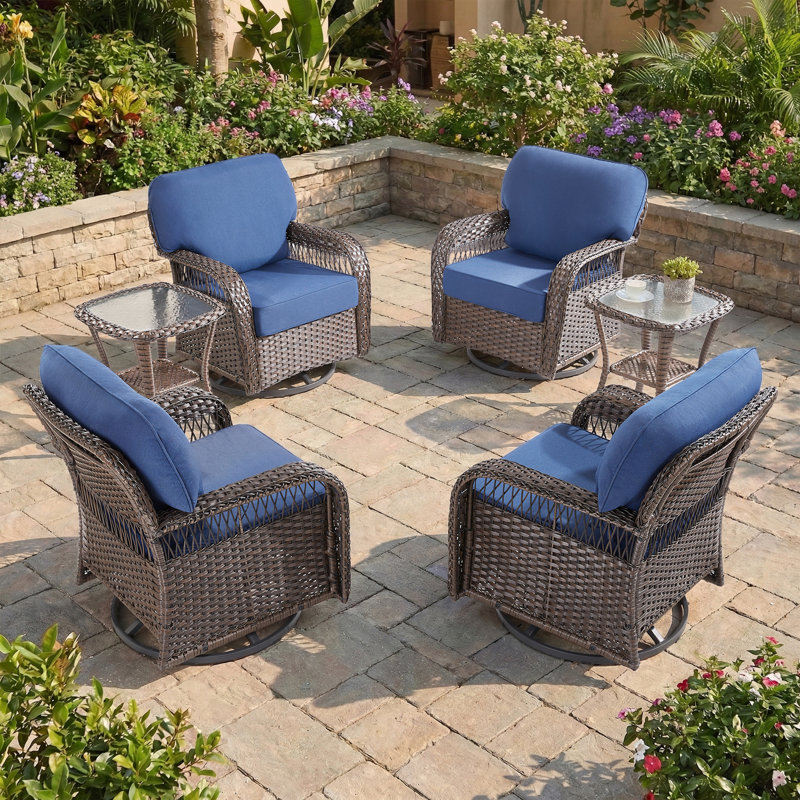 Ensemble de conversation pour patio en osier 6 pièces avec 4 chaises pivotantes et tables d'appoint, Bleu, Gris