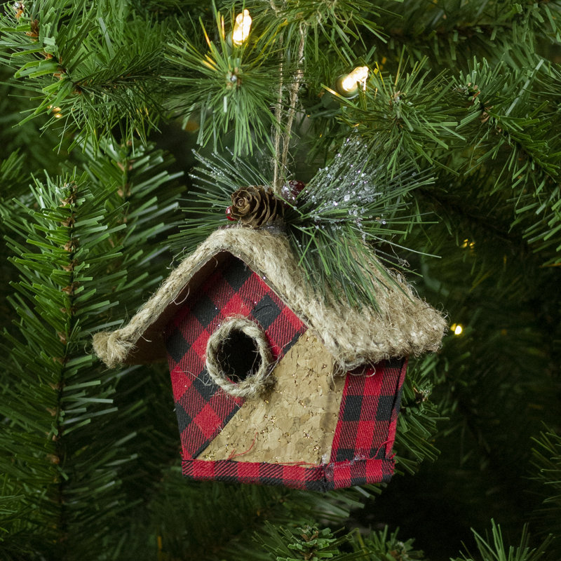 Rustic Red and Black Buffalo Plaid Birdhouse Ornament Set