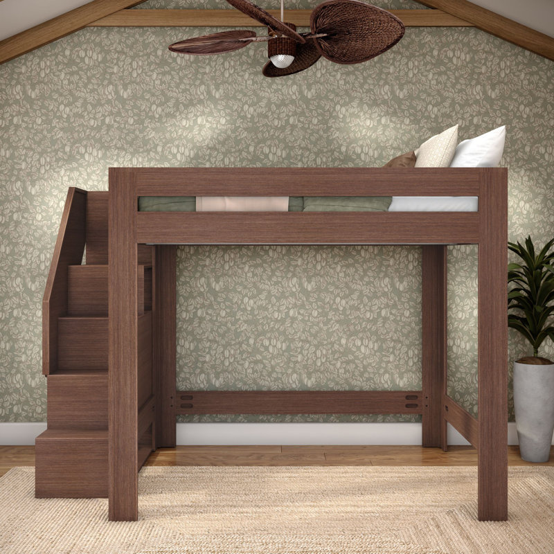 Olympic Queen Loft Bed with Stairs, Embossed Brown