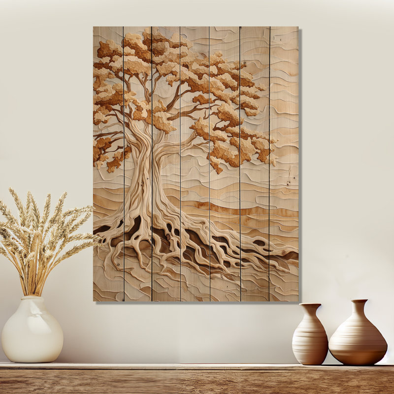 Automne, racines de baobab I - Art mural traditionnel sur bois de pin naturel, H 32 po x l 24 po x P 0,78 po