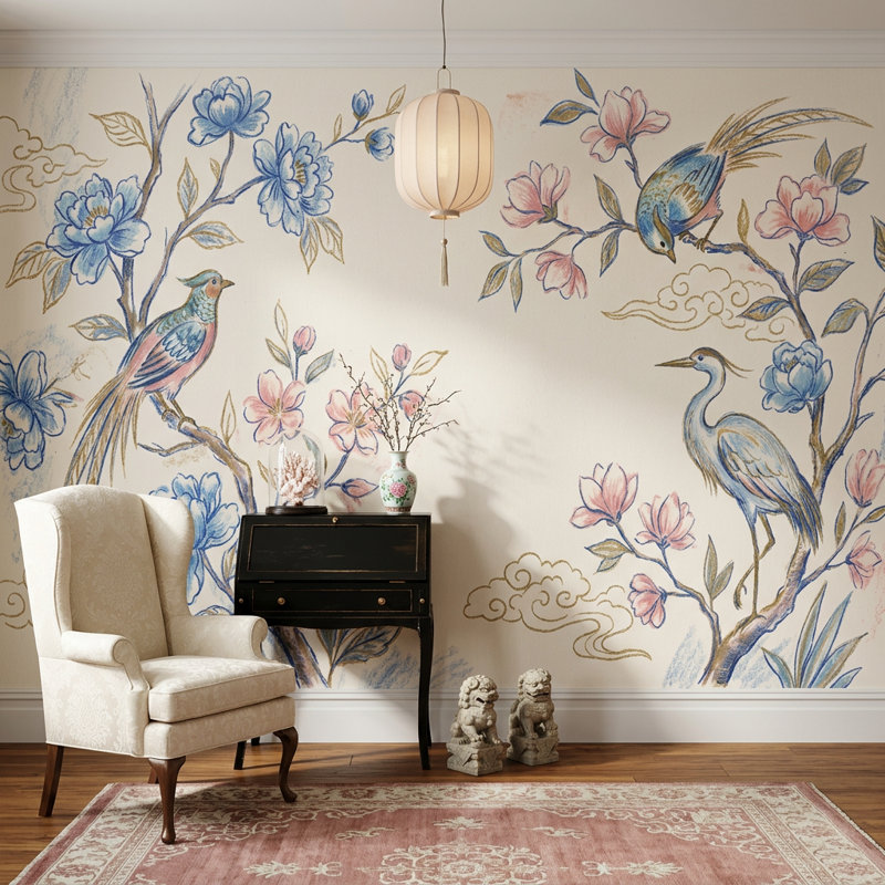 Chinoiserie Wallpaper Floral Branches Removable Blue Blossoms Wall Decor, 160"x108", Textured Non-Pasted
