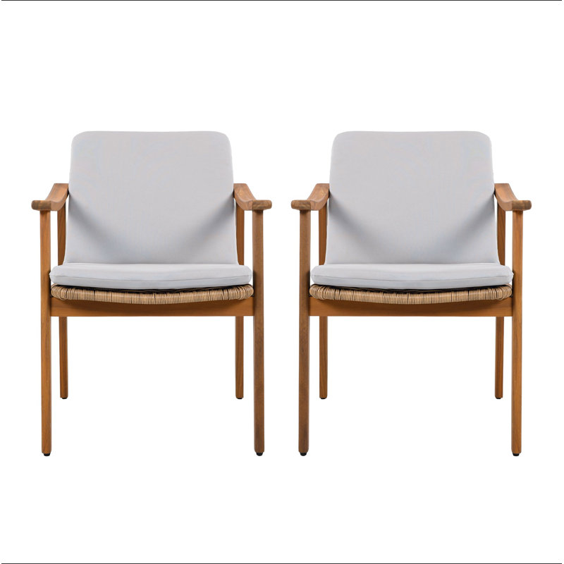 Ensemble de 2 chaises de salle à manger d'extérieur, structure en bois d'acacia couleur teck, osier PE brun, coussin imperméable gris, idéal pour les patios et les jardins