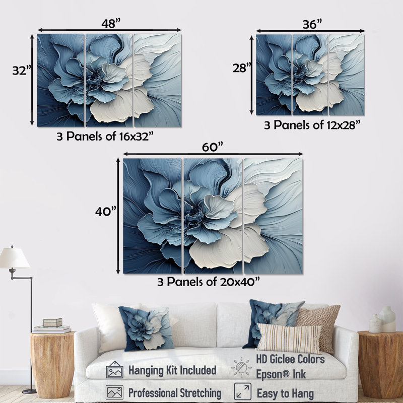 «Blue White Coastal Garden Of Flowers II - Abstract Botanicals», ensemble de reproductions d'art mural, Toile tendue