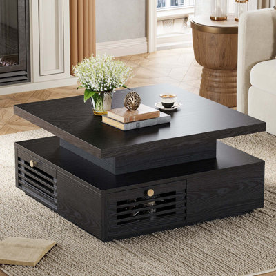 Aurora Modern Coffee Table with LED Light and Charging Station, 4 Storage Drawers with Grille Design for Living Room