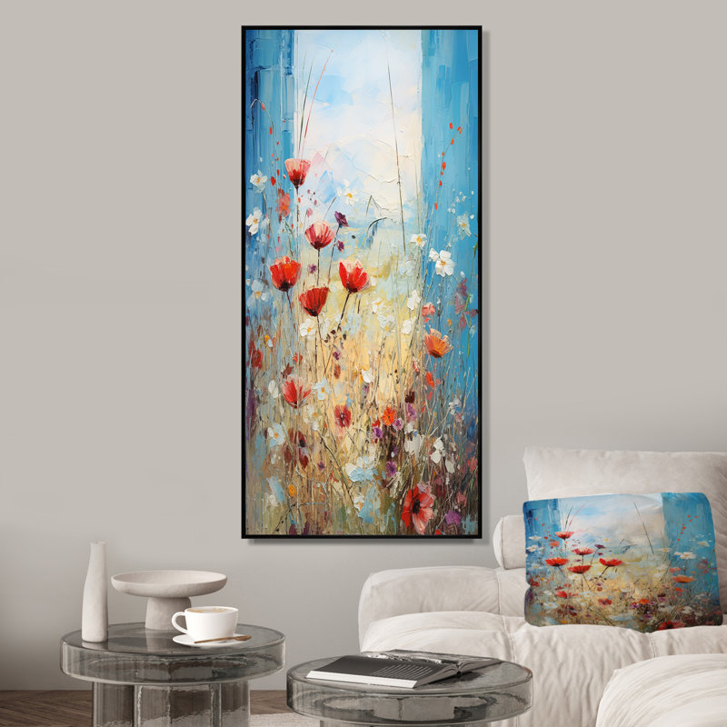 Rouge et blanc «Meadow View II», art mural prairie, Cadre flottant noir, 32" H x 24" W