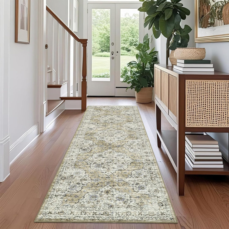 2X6 Yellow Brown Vintage Floral Runner Rug, Low Pile Non-Slip Washable Carpet For Hallway, Kitchen & Entryway, Soft Printed Mat