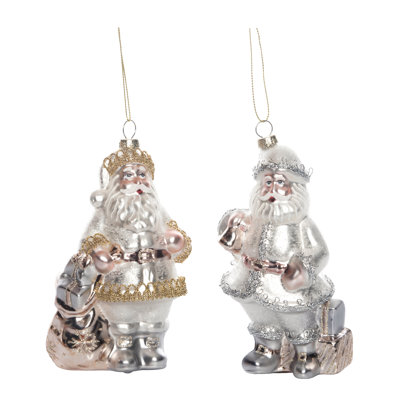 Glass Silver/Gold Santa Ornament Set of 2 Christmas Home Decorations