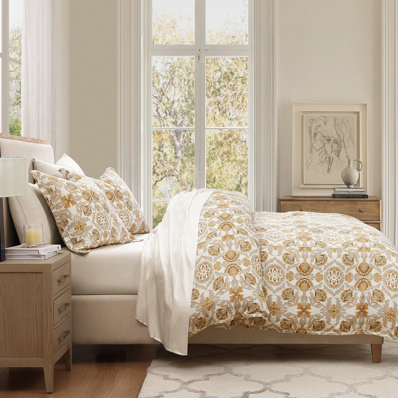 Queen Cream and Sage Cotton Floral Bedding Set