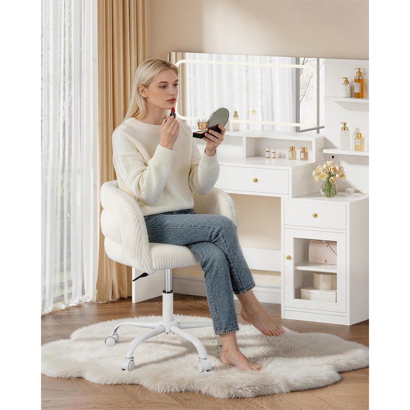 Dressing Table Chair with Wheels, 360° Swivel Vanity Desk Chair with Backrest, Height Adjustable, Foam Padded Vanity Stool for Dressing Table, Bedroom, Office