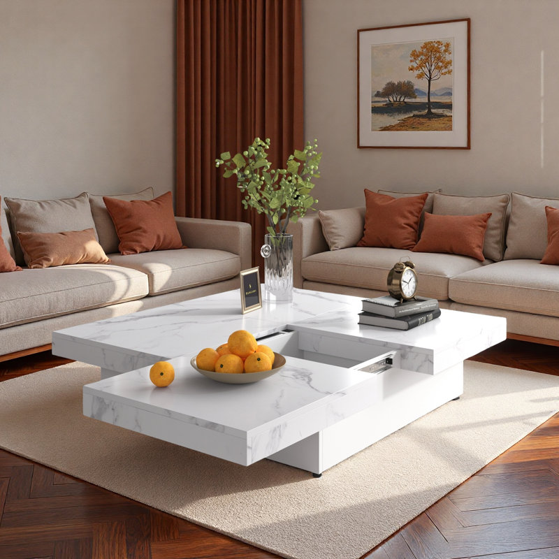 Table basse carrée en placage avec plateau coulissant et grand espace de rangement