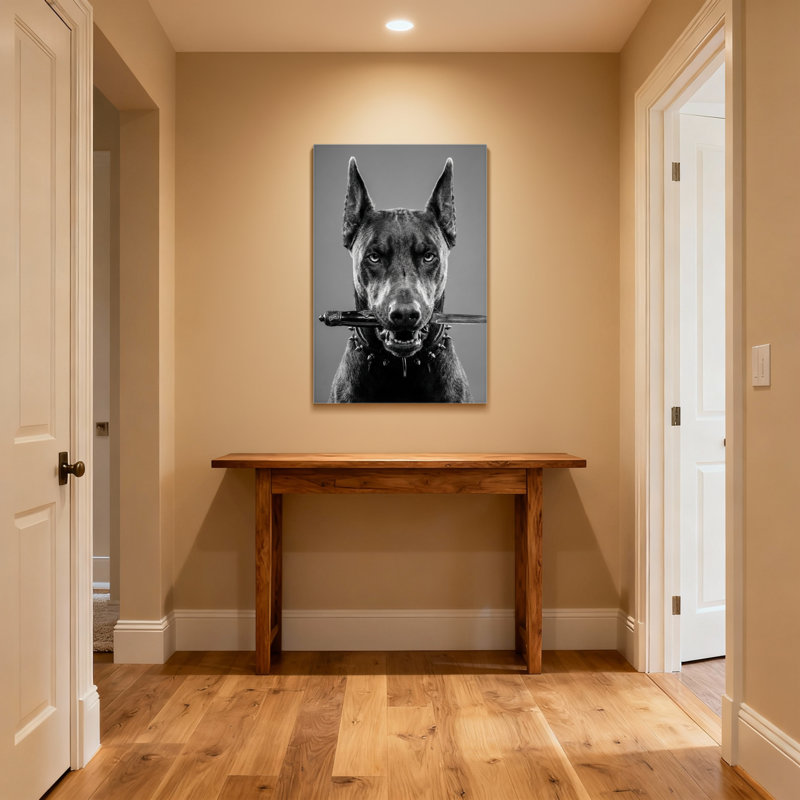 Animaux, chien tenant une épée dans la bouche - noir et blanc, H 20 po x l 30 po, Toile tendue, Ne s’applique pas