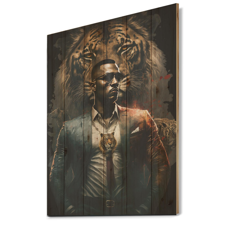 Lion mafieux I - animaux, art mural en bois - bois de pin naturel, L 30 po x H 40 po x P 1,5 po