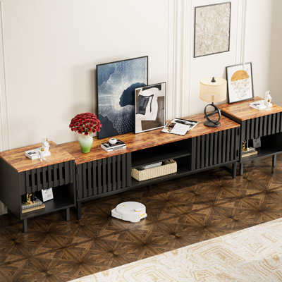 Support pour téléviseur de 63 po de style Mid-Century moderne, noir avec portes rayées grillagées, construction, 4 tablettes, accessoire de salon et de chambre à coucher, supporte une capacité de rangement de 60 po, beaucoup de matériel et de diver