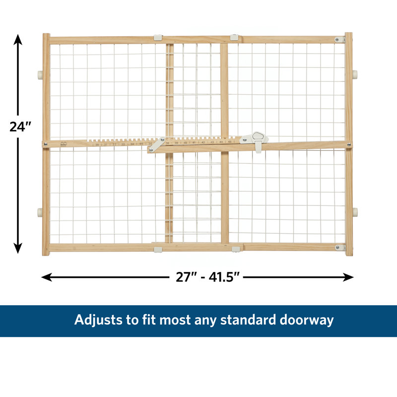 Natural Wood and White Wire Mesh Retractable Pet Gate