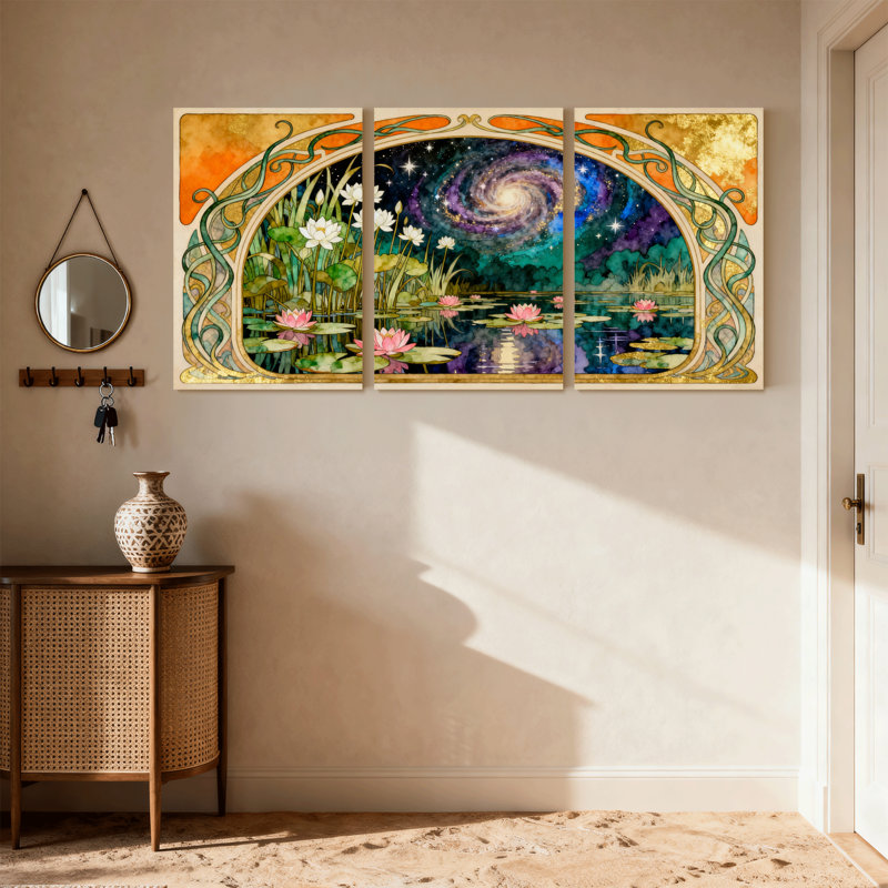Nénuphar et galaxie, ensemble de 3 reproductions d'art sur toile, H 18 po x l 36 po