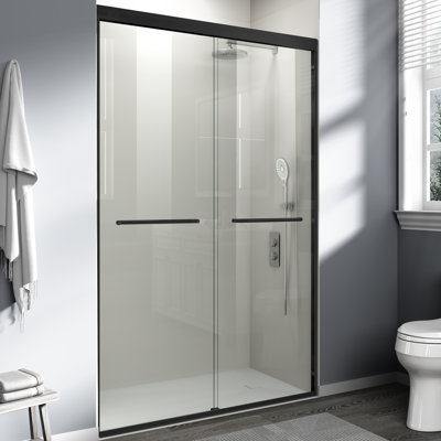 Porte de douche coulissante double de 44 à 48 po x H 72 po Porte de douche coulissante semi-sans cadre avec film anti-déflagrant en verre trempé de type GSC, 2 barres à serviettes pour salle de bain, Noir mat