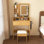 Compact Makeup Vanity Table with LED Mirror, Power Outlet, and Stool