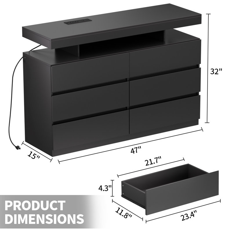 6 Drawer 47'' W Dresser With Power Outlet And APP Controlled LED Light, Black