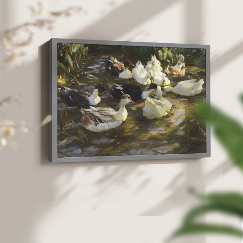 White Ducks in the Pond -Framed Print - Restickable, 11" H x 14" W, Gray