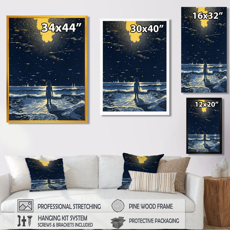 Âmes marchant avec lumière, océan, pleine lune, vagues II - paysage abstrait, art mural, salon, H 20 po x l 12 po x P 1 po