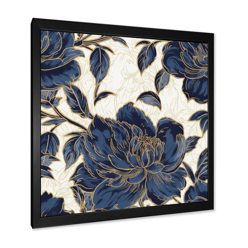 Art mural pivoines bleues et or IV, Cadre simple noir, H 16 po x l 16 po x P 1 po