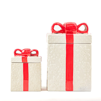 10 Strawberry Street Set Of 2 Gift Box Cookie Jars With  Ribbon