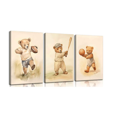 3Pcs Teddy Bear Sports Nursery Animal Canvas Wall Art Cute Woodland Baby Bear Rugby Wall Decor Pictures Football Basketball Baseball Kids Room Posters Prints For Living Children Bedroom Decoration