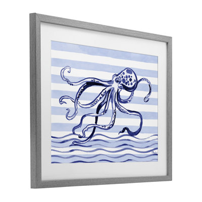 «Indigo Brushstroke Octopus», reproduction sous verre encadrée, design par Paul Brent