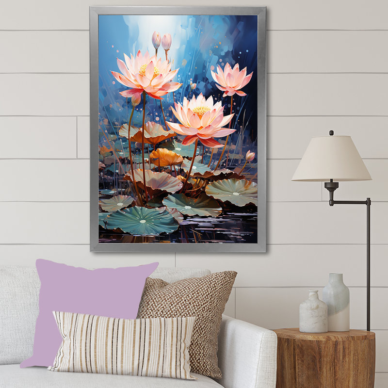 Fleurs de lotus étang harmonie sur toile, H 32 po x l 16 po x P 1 po, Cadre simple argenté