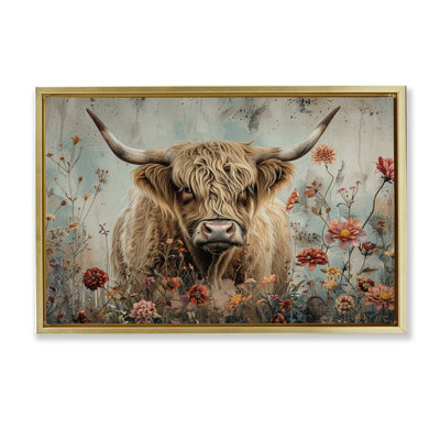  Toile flottante encadrée Spring Blooms Highland Cow par LSR Design Studio