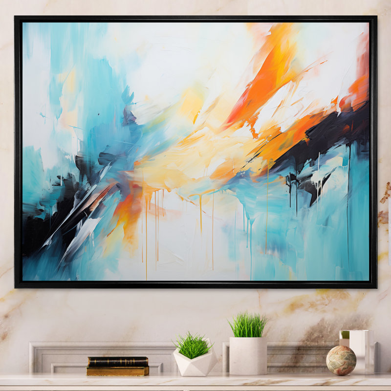 Azur bleu jaune fusion 2 - art mural abstrait, Cadre flottant noir, H 16 po x l 32 po x P 1 po