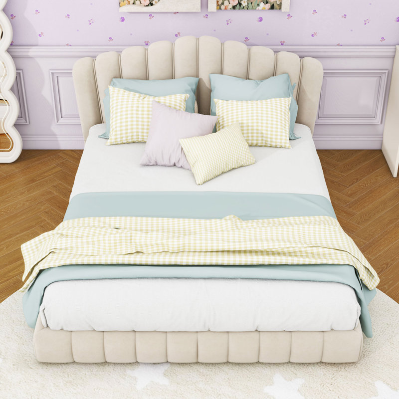 Grand lit plateforme tapissier avec tête de lit, Crème